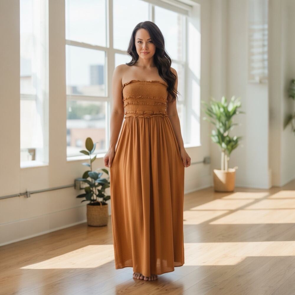 O'Neill Strapless 100% Viscose Smocked Boho Tube Top A-Line Brown Maxi Dress XL